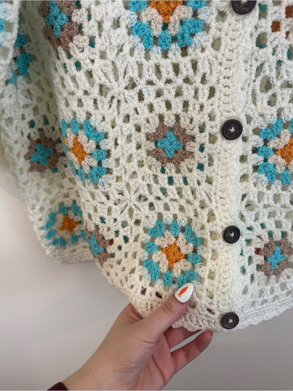 Pol White Crochet Floral Button-Front Sweater Cardigan Granny Square Large - Picture 4 of 5